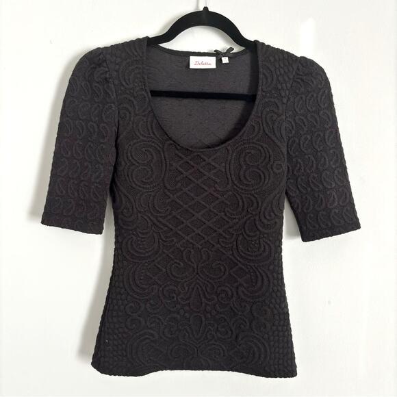 Anthropologie Tops - Black Anthropologie Deletta Athlone Quilted Jacquard Puff Sleeve Scoop Top- Xs